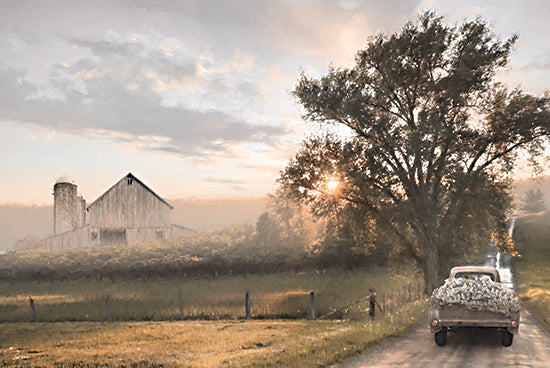 Lori Deiter LD3682 - LD3682 - Sunrise Over the Farm - 18x12 landscape, home spaces, country, rural, trees, path, barn, farm, truck, dirt road, sunset, fog, meadow, moody, vintage, photography, gold from Penny Lane