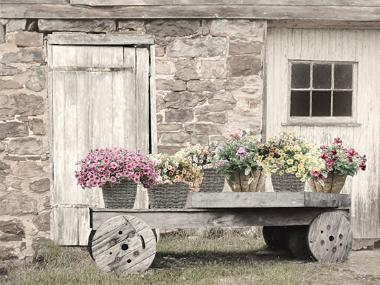 Lori Deiter LD3684 - LD3684 - Flower Wagon  - 16x12 flower cart by stone wall, rustic cottage, spring blooms from Penny Lane
