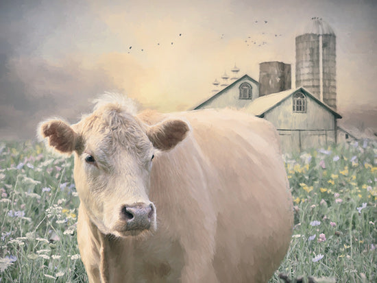 Lori Deiter LD3709 - LD3709 - Among the Wildflowers - 16x12 cow portrait, flower meadow, farm buildings, rural landscape, gentle livestock, peaceful countryside, animal in nature, barnyard theme from Penny Lane