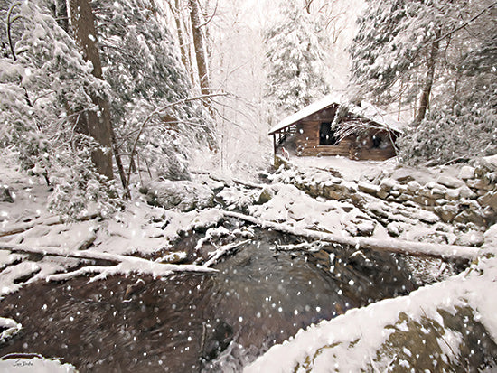 Lori Deiter LD3761 - LD3761 - Winter Stream Hideaway - 16x12 snowy forest creek, log cabin in woods, winter landscape, falling snow, rustic lodge scene, stream with rocks, peaceful woodland retreat, lake and lodge style, painterly photograph, cozy cabin art from Penny Lane