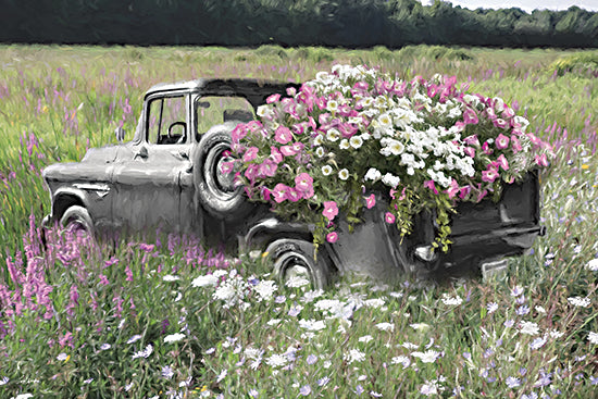 Lori Deiter LD3796 - LD3796 - Truckload of Blooms - 18x12 vintage pickup truck in wildflower field, old farm truck, truck bed overflowing with pink and white flowers, spring blooms, meadow, rustic countryside, shabby chic, romantic farmhouse, floral arrangement, transportation, nostalgic feel, soft painterly effect, cottagecore, pastel tones from Penny Lane