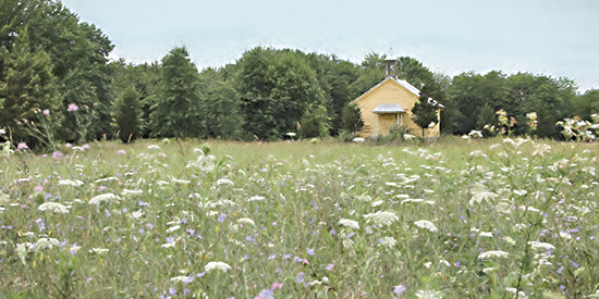 Lori Deiter LD3880 - LD3880 - Country Classroom - 18x9 wildflower meadow, cottage chapel, small yellow building, summer field, delicate florals, soft painterly texture, pastoral landscape, greenery, country setting, serene countryside, airy sky, whimsical rustic feel, nature scene, open meadow, calm mood from Penny Lane