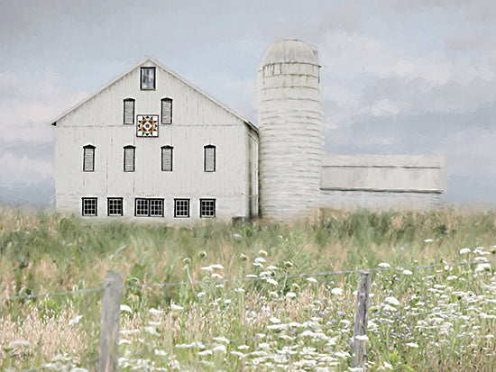 Lori Deiter LD3903 - LD3903 - Standing the Test of Time - 16x12 white barn, farmhouse, silo, quilt block, rural landscape, summer meadow, wildflowers, fence posts, cloudy sky, country field, pastoral, americana farm, soft light, serene, painterly texture from Penny Lane