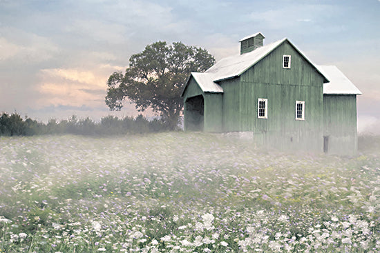 Lori Deiter LD3915 - LD3915 - Mist Among the Wildflowers - 18x12 green barn, foggy field, wildflower meadow, sunrise sky, mist, rural countryside, pastoral landscape, old farm building, soft pastel clouds, spring morning, tranquil, country charm, painterly brushstrokes from Penny Lane
