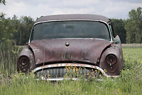 Lori Deiter LD3920 - LD3920 - Rusty Buick - 18x12 rusty vintage purple car, abandoned car, overgrown grass, field edge, rural roadside, old buick, nostalgia, weathered metal, moody countryside, summer greenery, painterly texture, americana from Penny Lane