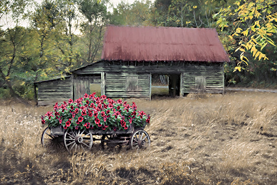 Lori Deiter LD3921 - LD3921 - Grandma's Flower Wagon - 18x12 weathered barn, red tin roof, rustic shed, flower wagon, red flowers, autumn field, country farmyard, aged wood, rural landscape, nostalgic, painterly, farmhouse decor from Penny Lane