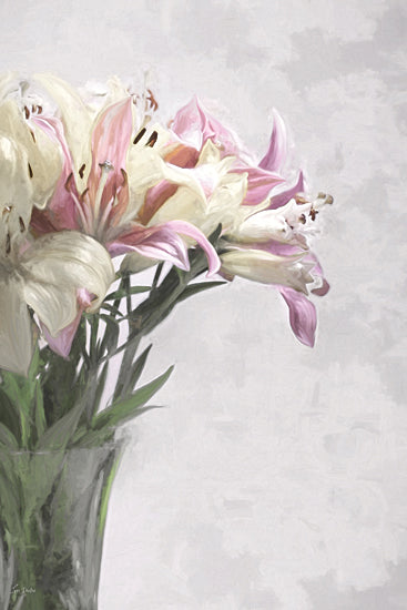 Lori Deiter LD3937 - LD3937 - Soft Hues of Spring - 12x18 lily bouquet, white lilies, pink lilies, floral arrangement, vase, still life, flowers, petals, soft background, pastel colors, feminine, decorative, painterly brush strokes, modern farmhouse, romantic, spring from Penny Lane