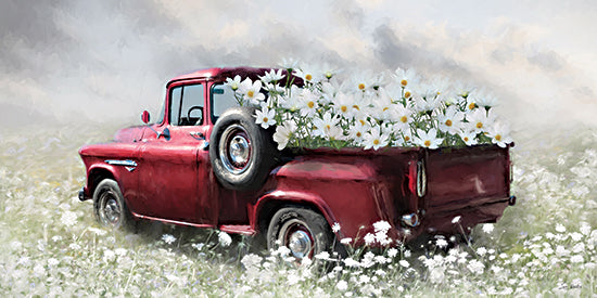 Lori Deiter LD3946 - LD3946 - Red, White and Bloom - 18x9 botanical, landscape, travel, floral, country, rural, transportation, daisies, wildflowers, truck, vintage truck, field, meadow, vintage, painterly, oil painting, red from Penny Lane