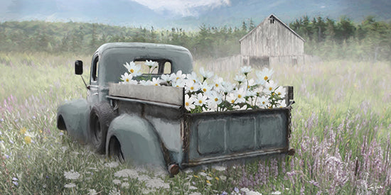 Lori Deiter LD3947 - LD3947 - Grow Wherever You Go - 18x9 vintage pickup truck, old farm truck, blue truck, truck bed full of white flowers, cosmos daisies, wildflower meadow, lavender field, rustic barn in distance, country road feel, pastoral landscape, spring summer, soft painterly, farmhouse style, nostalgic, rural countryside from Penny Lane