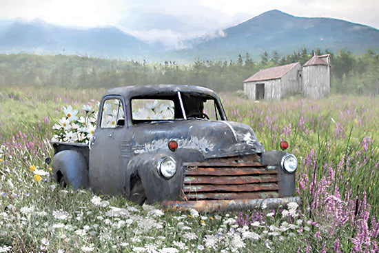 Lori Deiter LD3949 - LD3949 - Where Wildflowers Roam - 18x12 landscape, botanical, country, rural, floral, greenery, sky, old truck, wildflowers, barn, mountains, misty, meadow, rustic, vintage, moody, digital painting, multicolor from Penny Lane