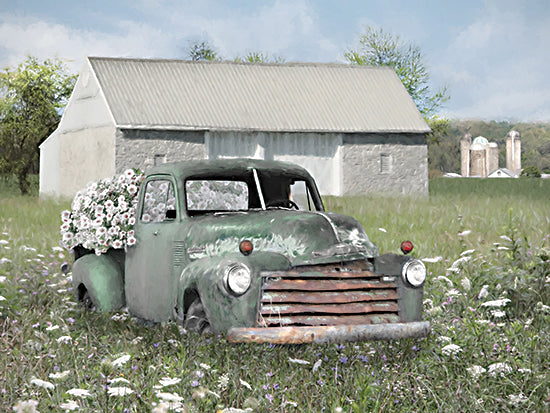 Lori Deiter LD3973 - LD3973 - Forgotten Journeys - 16x12 vintage green pickup truck, old truck front view, rusty grille, flowers in truck bed, white daisies, farmhouse, barn, silo in distance, wildflower meadow, spring summer, rustic, nostalgic, country decor, painterly brush strokes from Penny Lane