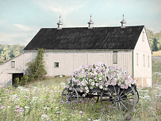 Lori Deiter LD3974 - LD3974 - Summer Day at the Farm - 16x12 white barn, flower wagon, cart full of lavender purple petunias, wildflower field, rustic farm, countryside landscape, spring summer, pastoral, soft brush strokes, farmhouse style, botanical, serene from Penny Lane