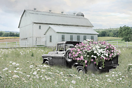 Lori Deiter LD3975 - LD3975 - Meadow Magic - 18x12 white barn, farm field, vintage black pickup truck, truck bed full of purple and white flowers, wildflowers in foreground, country landscape, summer meadow, rustic farmhouse decor, soft painterly style, pastel sky, fence line, rural americana from Penny Lane
