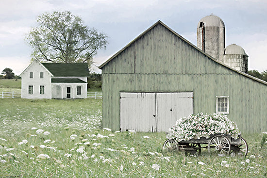 Lori Deiter LD3996 - LD3996 - Homestead Harmony - 18x12 green barn, white farmhouse, flower cart, white daisies, spring meadow, country farm scene, rural landscape, soft painterly brush strokes, modern farmhouse decor, pastoral greenery from Penny Lane