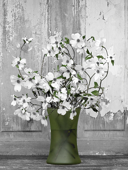 Lori Deiter LD4022 - LD4022 - White Resilience - 12x16 dogwood branches, white dogwood flowers, floral arrangement, green vase, neutral background, rustic wall, textured backdrop, still life, spring flowers, farmhouse decor, modern farmhouse, painterly, soft brush strokes, minimal, neutral tones, home decor, botanical, greenery from Penny Lane