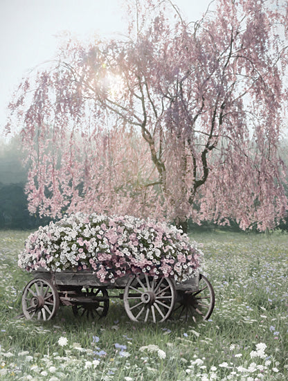 Lori Deiter LD4024 - LD4024 - First Breath of Spring - 12x16 botanical, landscape, floral, trees, country, rural, cherry blossom, wildflowers, wooden wagon, spring, field, feminine, whimsical, digital painting, pink from Penny Lane