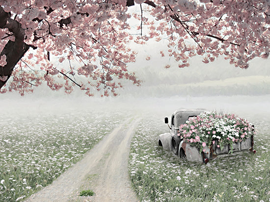 Lori Deiter LD4060 - LD4060 - Old Country Lane - 16x12 botanical, landscape, floral, leaves, trees, path, rural, sky, cherry blossoms, old truck, wildflowers, fog, spring, vintage, whimsical, digital painting, pink from Penny Lane