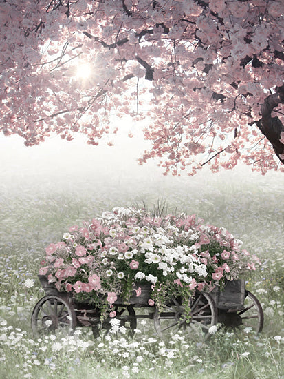 Lori Deiter LD4062 - LD4062 - Morning Blossoms - 12x16 botanical, holidays & seasonal, landscape, floral, trees, spring, country, path, rural, cherry blossoms, field, wagon, daisies, meadow, pink flowers, white flowers, sunlight, whimsical, feminine, digital painting, pink from Penny Lane