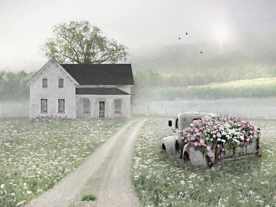 Lori Deiter LD4066 - LD4066 - Old Fashioned Farmhouse - 16x12 landscape, botanical, home spaces, country, rural, path, trees, floral, greenery, garden, farmhouse, old truck, daisies, pink flowers, misty, morning, vintage, painterly, digital painting, green from Penny Lane