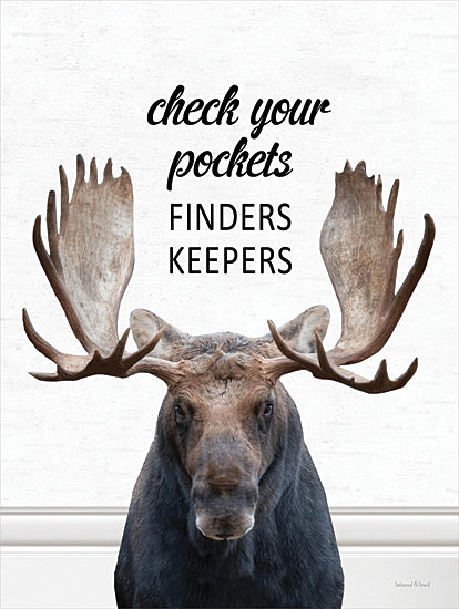 lettered & lined LET1334 - LET1334 - Check Your Pockets Moose - 12x16 check your pockets finders keepers, moose portrait, humorous laundry room sign, rustic lodge animal art, black typography, white background, farmhouse home decor, whimsical wildlife wall art, vertical poster, playful household quote, neutral palette, lettered and lined from Penny Lane