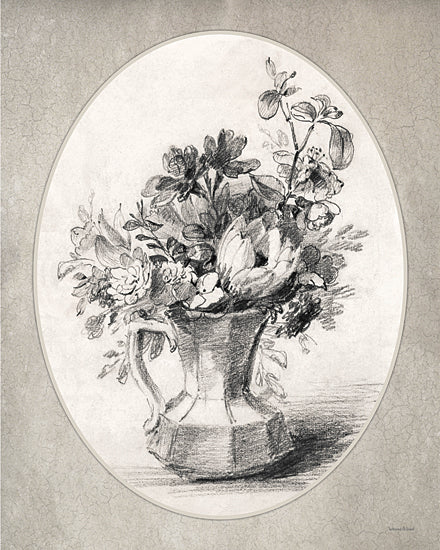 lettered & lined LET1368 - LET1368 - Vintage Floral Sketch - 12x16 black and white floral sketch, bouquet in antique pitcher, charcoal drawing, oval mat frame design, vintage still life, botanical arrangement, textured neutral background, hand drawn flower study, classic wall art, monochrome illustration, elegant decorative print, lettered and lined from Penny Lane