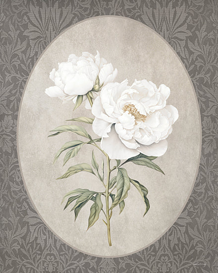 lettered & lined LET1370 - LET1370 - Floral Trio II - 12x16 white peony botanical print, vintage floral illustration, oval medallion on patterned wallpaper background, elegant flower wall art, soft green and gray palette, detailed leaves and bloom, romantic garden flower, classic decorative print, feminine home decor, antique botanical style, lettered and lined from Penny Lane
