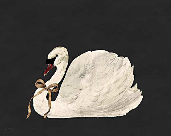 lettered & lined LET1398 - LET1398 - White Grace - 16x12 vintage swan painting, white swan with ribbon, dark background, moody wildlife art, elegant bird illustration, antique inspired decor, painterly brush strokes, feminine wall art from Penny Lane