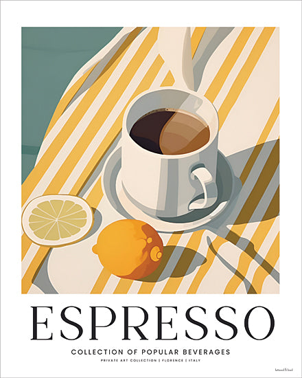 lettered & lined LET1405 - LET1405 - Espresso - 12x16 Italian espresso art print, coffee cup with lemon slice and citrus, striped tablecloth, Florence Italy, Mediterranean modern vintage poster from Penny Lane