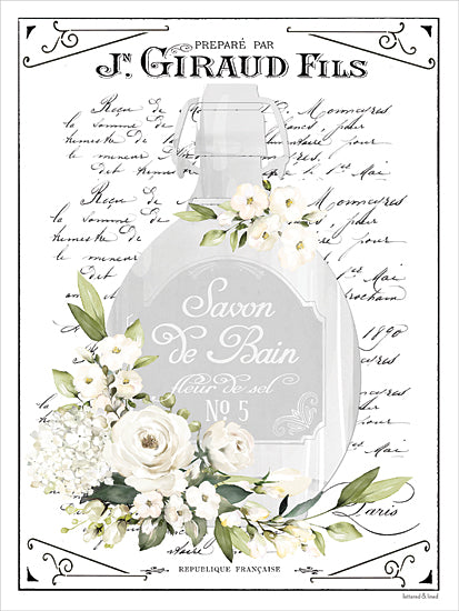 lettered & lined LET1439 - LET1439 - Savon de Bain - 12x16 vintage french soap label, savon de bain, fleur de sel, floral arrangement, white flowers, perfume bottle silhouette, paris script, antique typography, apothecary art, neutral background, shabby chic decor, french country wall art, botanical illustration, elegant bath decor from Penny Lane