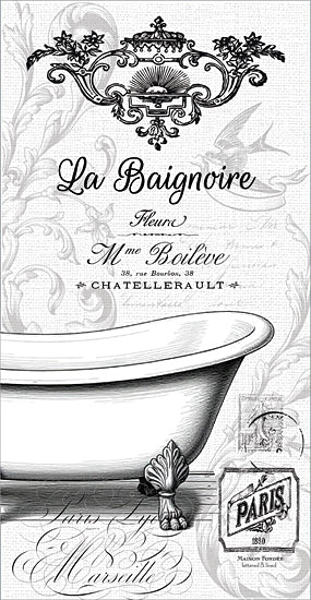 lettered & lined LET1469 - LET1469 - La Baignoire - 9x18 French bathtub illustration, La Baignoire typography, clawfoot tub art, Paris vintage label, black and white bathroom decor, ornate scrollwork, antique French advertisement, shabby chic bath wall art, neutral script background, decorative Victorian style from Penny Lane