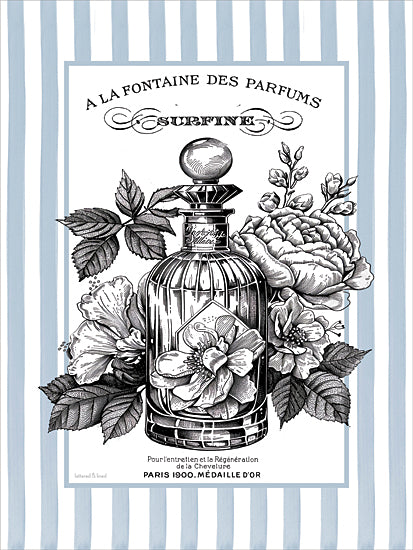 lettered & lined LET1479 - LET1479 - Fontaine des Parfums - 12x16 botanical, still life, typography, backgrounds & patterns, floral, greenery, leaves, word art, perfume bottle, roses, vintage label, french text, stripes, elegant, hibiscus, vintage, decorative, digital illustration, blue from Penny Lane