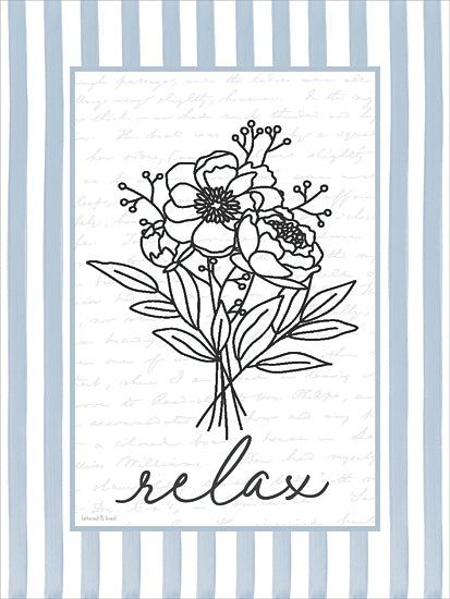 lettered & lined LET1481 - LET1481 - Relax Floral - 12x16 botanical, typography, backgrounds & patterns, home spaces, floral, greenery, word art, bath, bouquet, script font, stripes, line art, peonies, hand drawn, french script, decorative, feminine, digital illustration, blue from Penny Lane