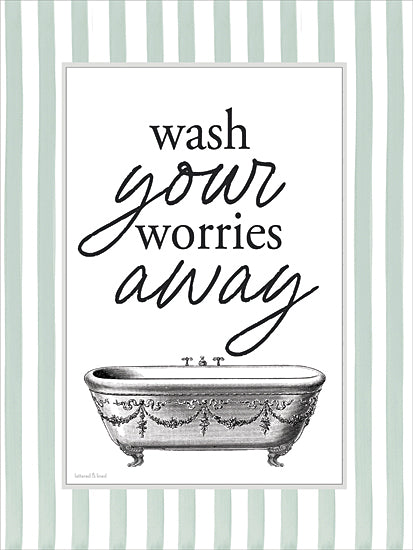 lettered & lined LET1486 - LET1486 - Wash Your Worries Away - 12x16 home spaces, backgrounds & patterns, typography, bath, inspirational, word art, bathtub, clawfoot tub, stripes, script font, feminine, vintage, digital illustration, green from Penny Lane