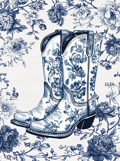 lettered & lined LET1533 - LET1533 - Toile Boots - 12x16 western, botanical, backgrounds & patterns, floral, boots, peony, rose, decorative, vintage, digital illustration, blue from Penny Lane