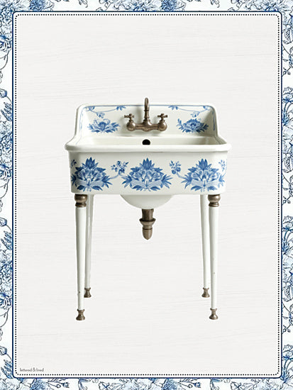 lettered & lined LET1537 - LET1537 - Toile Sink - 12x16 home spaces, backgrounds & patterns, botanical, still life, bath, floral, sink, porcelain, faucet, chinoiserie, delftware, bathroom fixture, vintage, decorative, digital illustration, blue from Penny Lane