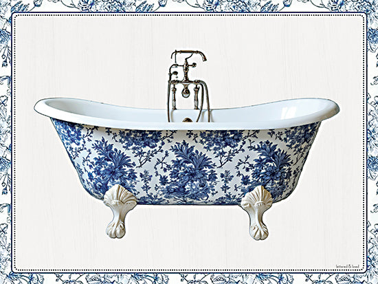lettered & lined LET1538 - LET1538 - Toile Bathtub - 16x12 home spaces, backgrounds & patterns, still life, bath, clawfoot tub, porcelain, floral pattern, chintz, vintage faucet, vintage, decorative, digital illustration, blue from Penny Lane