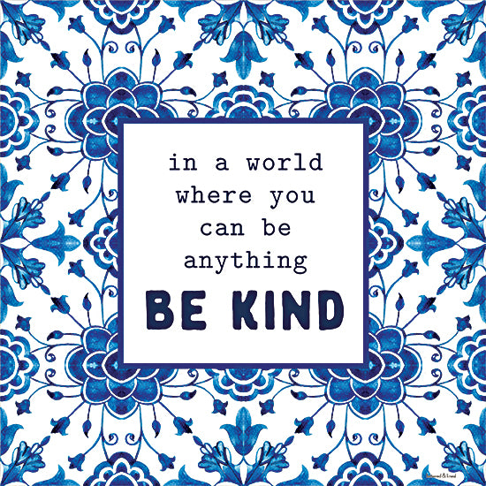 lettered & lined LET1551 - LET1551 - Be Kind - 12x12 typography, backgrounds & patterns, inspirational, word art, kindness, blue tiles, ornamental, positive message, decorative, feminine, digital illustration, blue from Penny Lane
