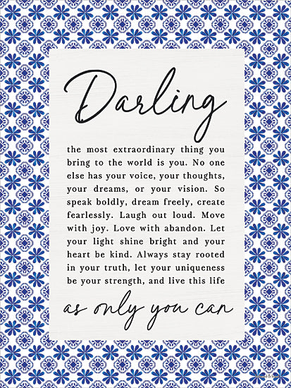 lettered & lined LET1555 - LET1555 - Darling - 12x16 Darling inspirational quote, blue tile border, motivational wall art, typography print, farmhouse decor, encouragement message, feminine decor, patterned frame, word art print, modern farmhouse sign from Penny Lane
