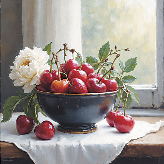 lettered & lined LET1565 - LET1565 - Summer's Sweet Offering - 12x12 cherries in bowl, fruit still life, kitchen decor, farmhouse table, floral accent, window light, painterly style, rustic home art, fresh fruit illustration from Penny Lane