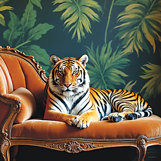 lettered & lined LET1568 - LET1568 - Purr-fectly Domesticated - 12x12 tiger on vintage sofa, exotic wildlife interior, jungle wallpaper, bold animal art, masculine decor, dramatic mood, contemporary wildlife painting, statement wall art from Penny Lane