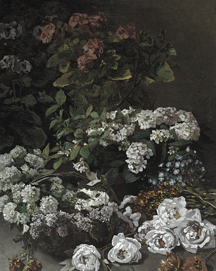lettered & lined LET1588 - LET1588 - Spring Flowers   - 12x16 vintage floral still life, hydrangeas, white roses, dark moody background, antique oil painting style, botanical arrangement, classic floral art, muted tones, old world aesthetic, romantic flowers from Penny Lane