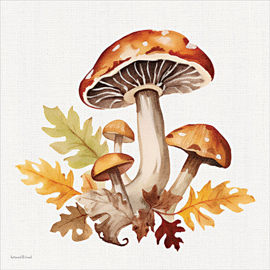 lettered & lined LET1617 - LET1617 - Fall Mushrooms 1 - 12x12 mushroom cluster watercolor, woodland fungi, oak leaves, autumn foliage, forest floor scene, rustic lodge decor, fall botanical illustration, hand painted nature art, earthy tones, seasonal wall art from Penny Lane