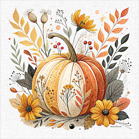 lettered & lined LET1619 - LET1619 - Blooming Harvest - 12x12 autumn pumpkin watercolor, fall harvest decor, floral pumpkin, sunflowers and leaves, botanical arrangement, thanksgiving art, rustic farmhouse style, seasonal illustration, nature inspired wall art, orange pumpkin painting from Penny Lane
