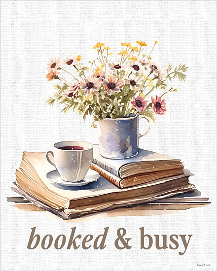 lettered & lined LET1705 - LET1705 - Booked & Busy - 12x16 still life, botanical, food & drink, hobbies & entertainment, typography, floral, coffee & tea, literature, word art, books, daisies, teacup, mug, reading, whimsical, painterly, watercolor, neutral from Penny Lane