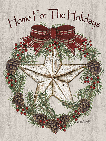 Linda Spivey LS1943 - LS1943 - Home for the Holidays - 12x16 holiday wreath illustration, home for the holidays quote, evergreen branches, pinecones, red berries, plaid bow, rustic white star ornament, distressed wood background, farmhouse Christmas decor, festive seasonal sign, warm country style from Penny Lane