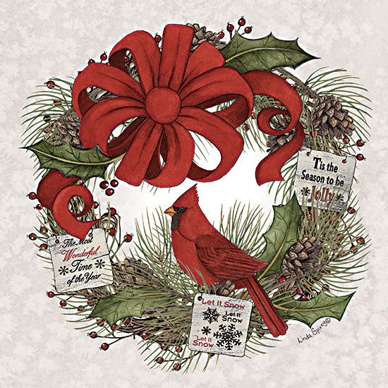 Linda Spivey LS1944 - LS1944 - Holiday Cheer Wreath  - 12x12 snowman, winter wreath, cardinal bird, pine branches, holly berries, rustic christmas decor, festive illustration, red green holiday palette, farmhouse christmas, hand painted style from Penny Lane