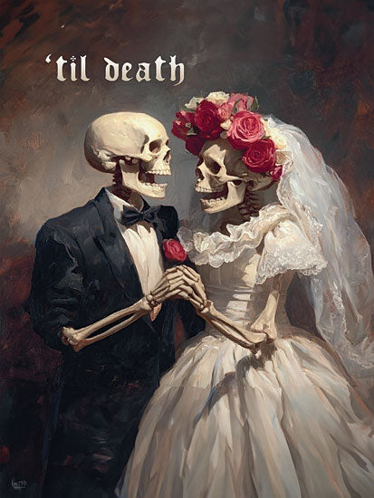 Lux + Me Designs LUX1164 - LUX1164 - 'til Death - 12x16 til death, skeleton bride and groom, gothic wedding art, halloween romance, dark bridal decor, moody painterly portrait, skeleton couple holding hands, macabre valentine art, wedding skeletons, dramatic floral crown, gothic love story, spooky elegant wall art, romantic dark fantasy, bride veil, alternative wedding decor from Penny Lane