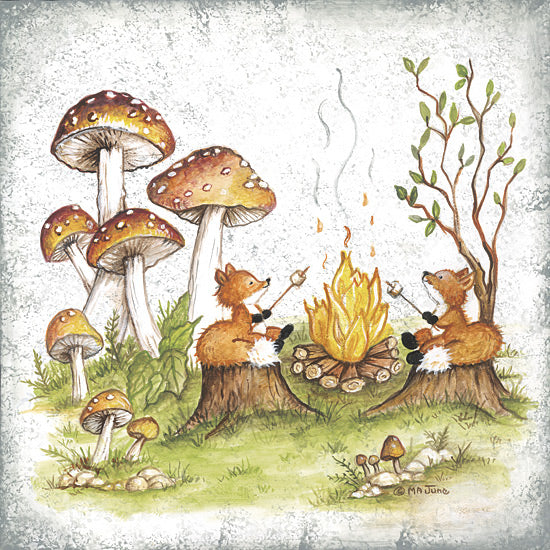 Mary Ann June MARY637 - MARY637 - Roasting Marshmallows - 12x12 fox campfire, woodland animals, mushrooms, whimsical forest scene, juvenile wall art, hand painted look, cute foxes roasting marshmallows, children's room decor, storybook illustration, nature scene, enchanted woods, cozy campfire art, playful wildlife, folk art feel, autumn woodland print from Penny Lane