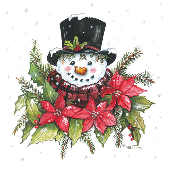 Mary Ann June MARY667 - MARY667 - Poinsettia Snowman   - 12x12 snowman illustration, poinsettia flowers, winter holiday art, festive greenery, christmas decor, whimsical snowman from Penny Lane
