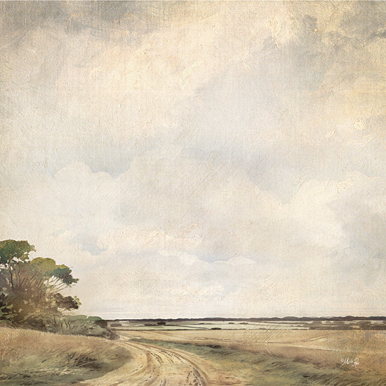 Marla Rae MAZ5989 - MAZ5989 - Country Road - 12x12 Country landscape, winding dirt road, open fields, trees, wide sky, soft clouds, rural countryside, pastoral path, painterly texture, neutral greens, farmhouse landscape art, peaceful horizon, vintage scenic decor from Penny Lane
